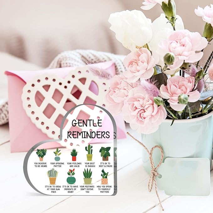 Gentle Reminders Positive Affirmations Decor - Desktop Art for Home & Therapy Office, Mental Health Awareness Gifts, Heart Acrylic Sign
