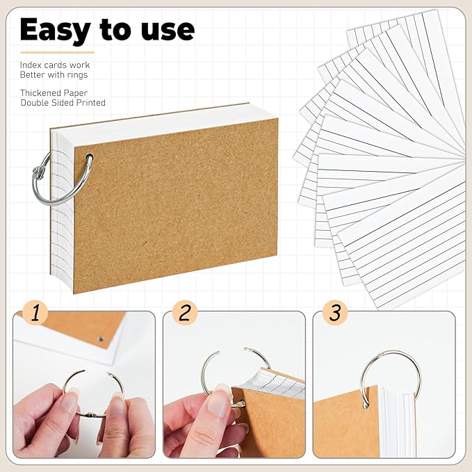500PCS White Index Cards, 3x5 Inches Flash Cards with Ring, Lined on Both Side Notecards Ruled Study Card Flashcards Heavy Note Cards for Studying, Learning, School, College