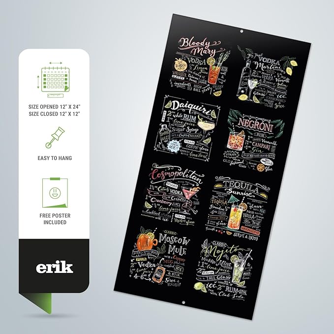 Cocktails Wall Calendar 2025 12" x 12" FSC® Plastic Free - Starts Week On Sunday | Square Wall Calendar | Family Planner Calendar 2025 | Drinks Calendar 2025