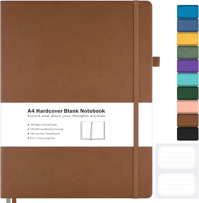 Blank Notebook, Hardcover Sketch Book, 8.5" x 11" Large Blank Journal, No Bleed Thick Paper Sketchbook for Drawing Art, Unlined Notebook Journal for Women Men, A4 Leather Sketchbook, Lay Flat, Brown