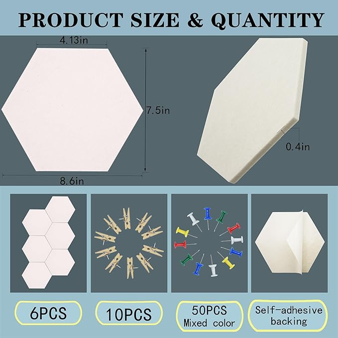 6Pcs White Hexagon Bulletin Board Strips,White Felt Pin Board Bar Strips with 50 Pushpins, Self-Adhesive Felt Cork Board Strips for Wall to Display Your Notes, Photos, Schedules
