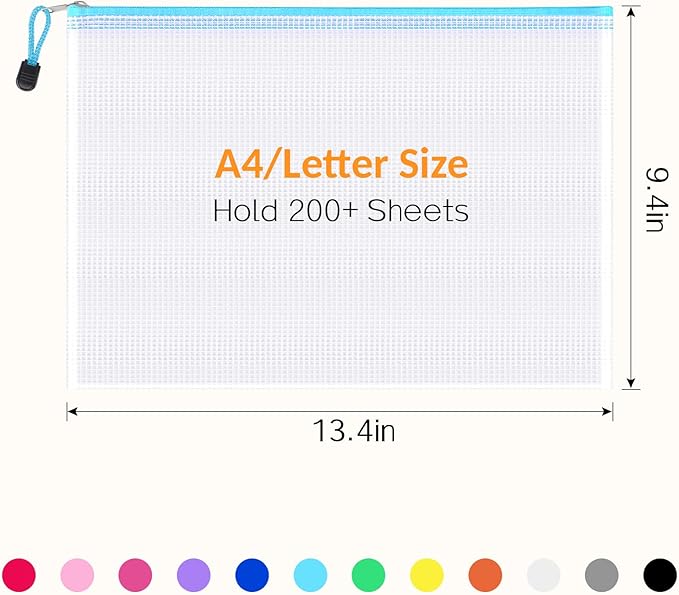 Sooez 24 Pack Mesh Zipper Pouch with Sticky Labels, A4 Size Mesh Bags for Board Game & Puzzles Organizing Storage, Durable Letter Size File Bags for Office Classroom Organization, 12 Assorted Colors