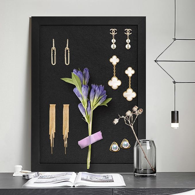 Bulletin Boards Cork Board with Felt, 15"x11" Small Display Pin Board Vision Board for Walls, Jewelry, Notes, Collection, Photos, Office, Wood Framed(Black) & Felt(Purple), 1pc