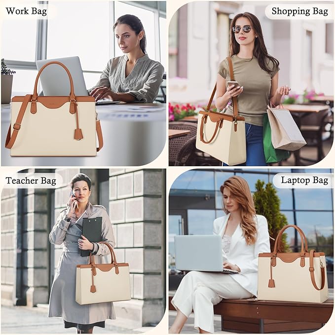 RAINSMORE Laptop Bag for Women 15.6 Inch Waterproof Leather Computer Tote Bag Professional Business Office Work Bags Briefcase Large Capacity Lightweight Women Handbag Shoulder Bag, Beige and Brown