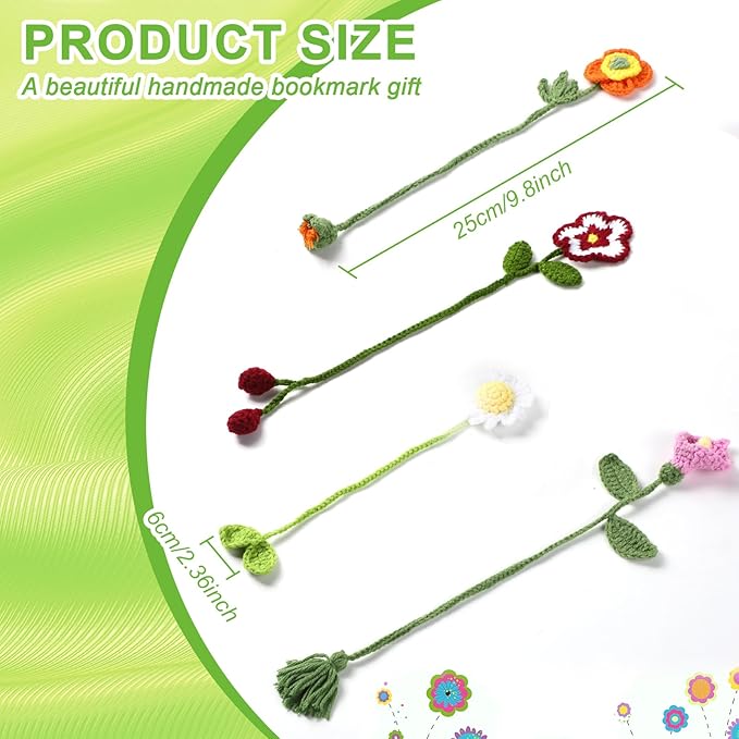 Harloon 4 Pieces Christmas Book Lover Gifts Flowers Crochet Bookmark Book Lovers Bookmarks Handmade Knitted Book Marker Curtain Tiebacks Holdbacks Car Ornaments for Readers Writers Library(Cute)