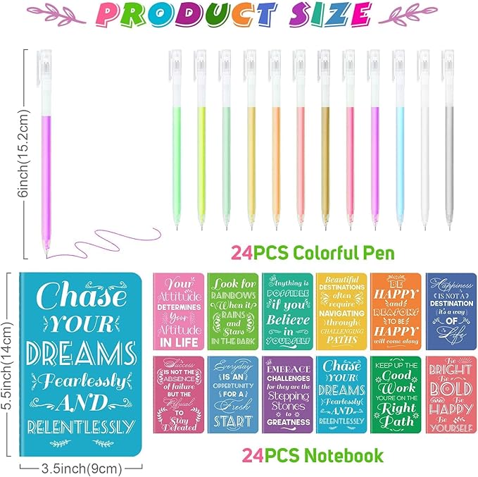 24 Pcs Mini Inspirational Notebooks Bulk with 24 Pcs Colorful Pens, Small Pocket Journal Notepads Set, Motivational Bulk Gifts for Women Men Teacher Student Kids, Fun School Office Supplies,3.5"x5.5"