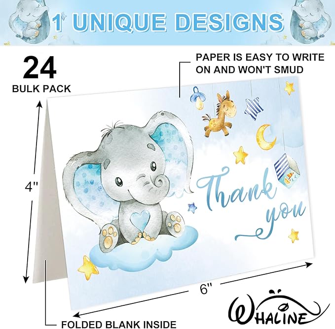 Whaline 24 Packs Elephant Thank You Cards Blue Baby Elephant Greeting Cards Cute Cartoon Blank Note Cards with Envelopes and Stickers for Baby Shower Birthday Holiday Party Supplies, 4 x 6 Inch