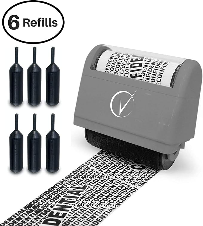 Identity Theft Protection Roller Stamps Wide Kit - Confidential Roller Stamp, Anti Theft, Privacy & Security Stamp, Designed for ID Blackout Security - Classy Gray with 6 Refills