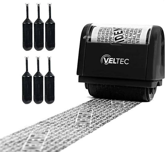 Veltec ID Protector Ink Roller - Identity Theft Protection Roller Stamp Set (Black, Stamp+6 Refills)