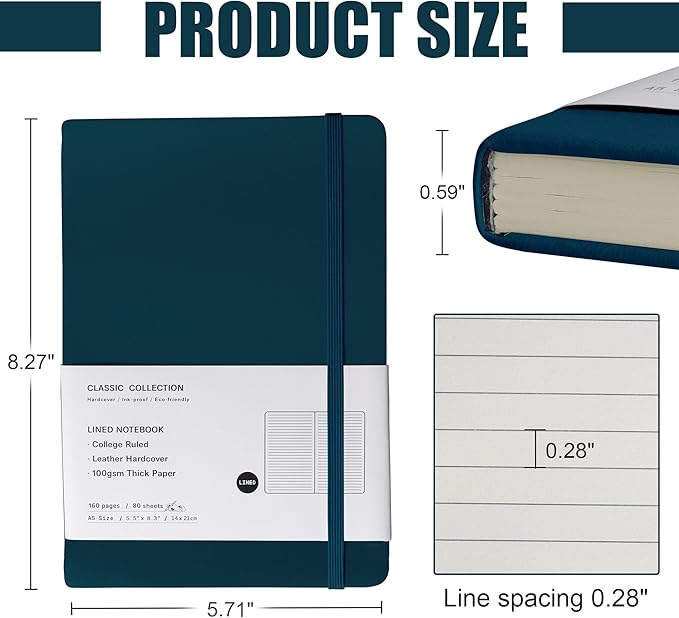 Lined Journal Notebook, (Turquoise), 160 Pages, Medium 5.7 inches x 8 inches - 100 gsm Thick Paper, Hardcover