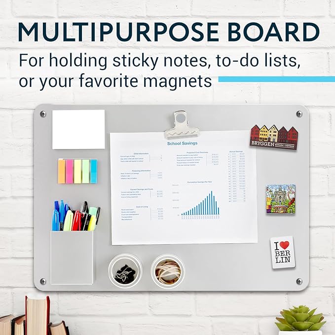 Display Magnetic Board for Wall - Metal Memo Board for Office, Home, Kitchen, and Classrooms - Great for Hanging Photos, Shopping Lists, and More - Includes Pre-Drilled Holes (17.5 x 12 in)