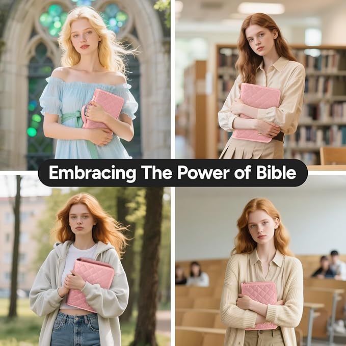 Adjustable Bible Cover with 75 Bible Tabs - Bible Cover Case for Women，Waterproof, Washable Quilted Bible Case，Reusable Christian Gifts for Women (Pink, M)