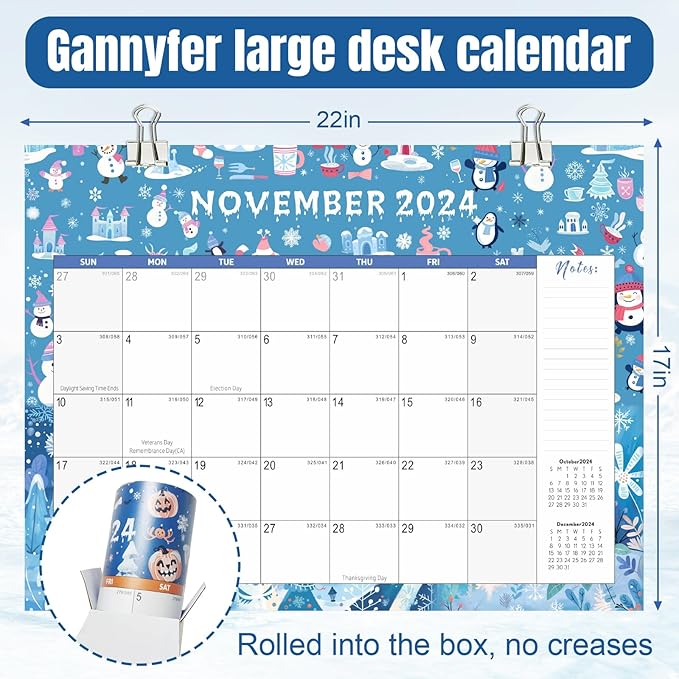 Gannyfer Large Desk Calendar 2024-2025 - 18 months from Otc 2024 to Mar 2026, 22" x 17" Desktop/Wall Pad Calendar with to-do List, Thick Paper with Plastic Cover, Large Ruled Blocks - Snow (2 Binder Clips Included)