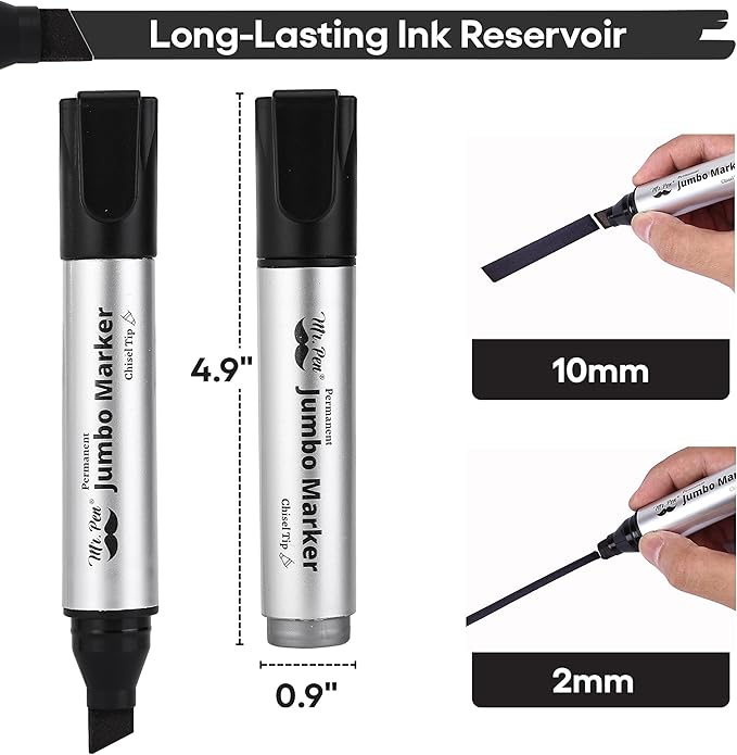 Mr. Pen- Jumbo Permanent Markers, 4 Pack, Chisel Tip, Black Markers Permanent, Permanent Markers Black Markers, Thick Permanent Marker, Thick Markers, Jumbo Markers, Large Markers, Wide Tip Markers