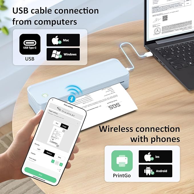 Inkless Portable Printer for Travel, Wireless Thermal Printer Supports 8.5" x 11" US Letter Size, Bluetooth Machine Includes Carry Case and 3 Rolls of Thermal Paper Kit, Blue