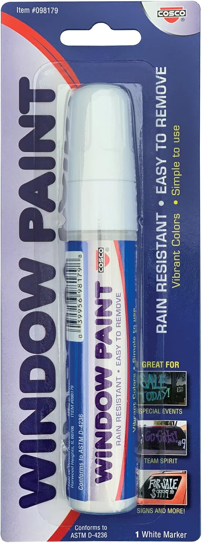 Cosco Window Paint Marker, for Car Windows, Mirror, Storefront Window, Wedding, Parades and Party Decorations, White Ink (098179)