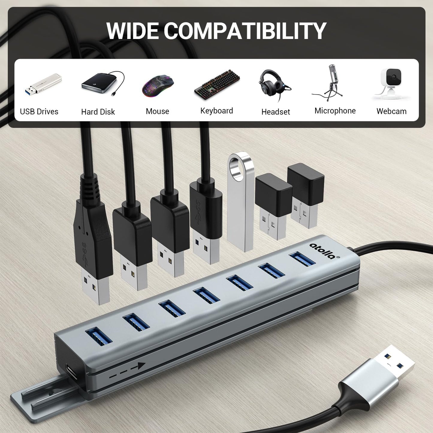 USB Hub 3.0, atolla 7-Port USB Hub Splitter with Sliding Rails for Fixing to Table/Host/Tile Wall Edges, Compatible with MacBook, Laptop, Surface Pro, PS4, PC, Flash Drive, Mobile HDD