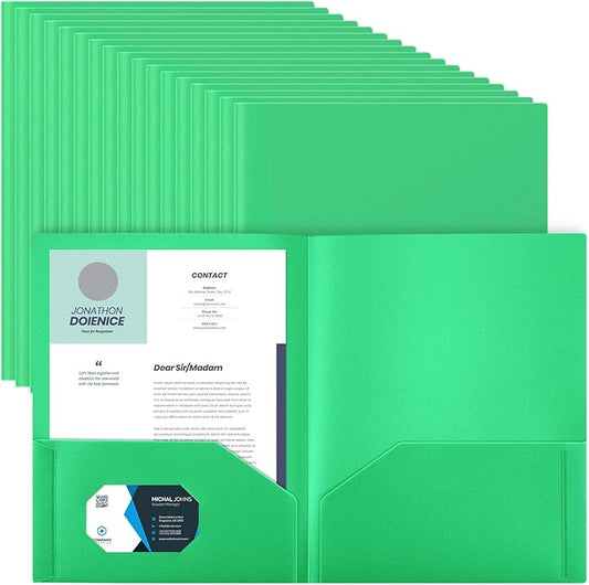 Gueevin 24 Pcs Plastic Folders with Pockets, Two Pocket Folder Fit Letter Size, Heavy Duty School Business Card Holder for Home Office School Bussiness, 11.61 x 9.45 Inches (Green)