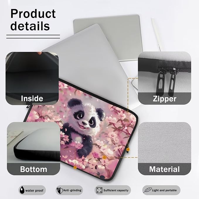Panda Cherry Blossom Printed Computer Case Bag for Girls Boys, Washable 10 Inch Laptop Bag Carrying Case Laptop Briefcase Neoprene with Zipper, Compatible with Various Computers, Pink