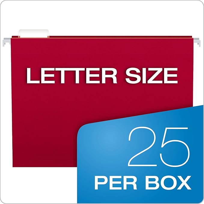 Pendaflex Hanging File Folders, Letter Size, Assorted Colors, 1/5-Cut Adjustable Tabs, 25 Per Box (81663)