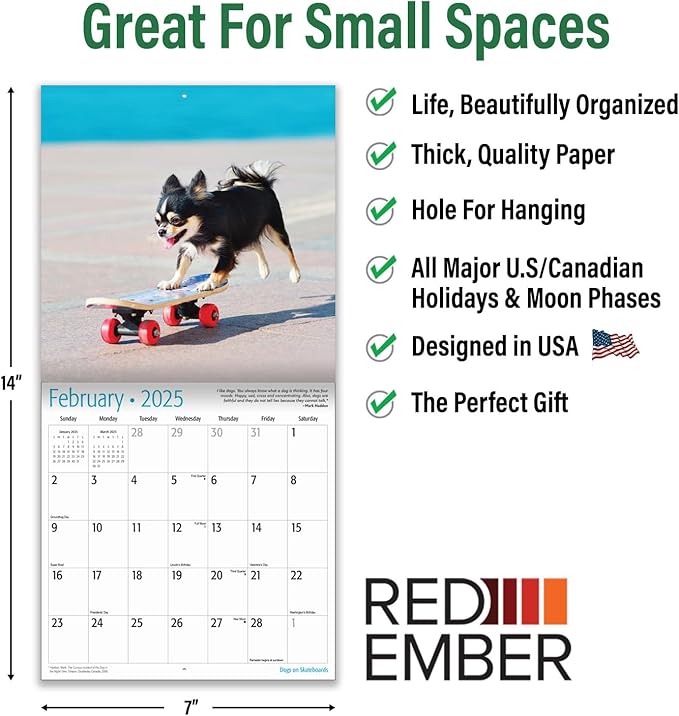 RED EMBER Dogs on Skateboards Mini 2025 Wall Calendar 12 Month | 7" x 14" Open | Thick & Sturdy Paper | Giftable | Calendar 2025