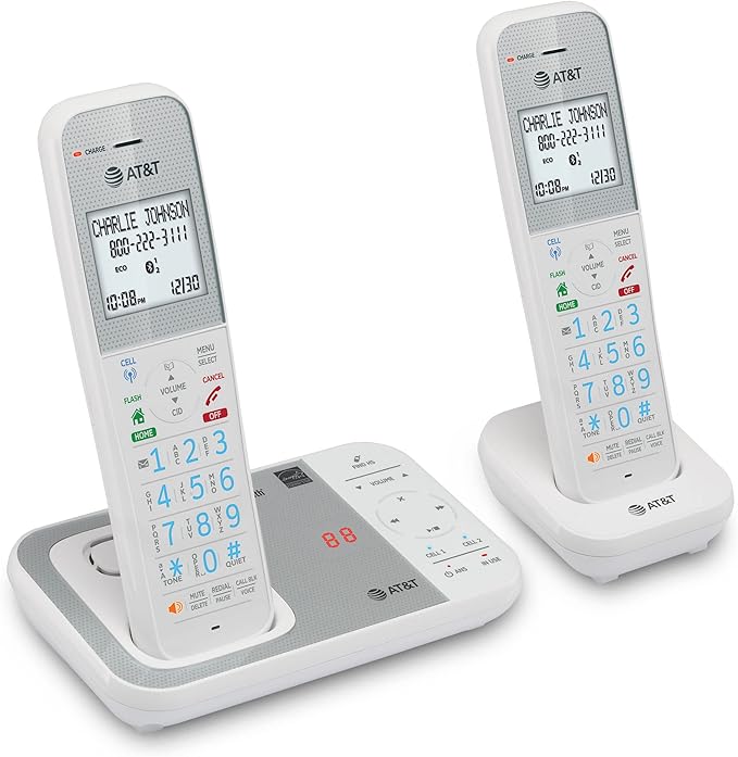 AT&T DAL75211 DECT 6.0 Cordless Home Phone with Smart Call Blocker, Bluetooth Connect to Cell, Digital Answering Machine, Full-Duplex Speakerphone, Expandable to 5 HS (White)