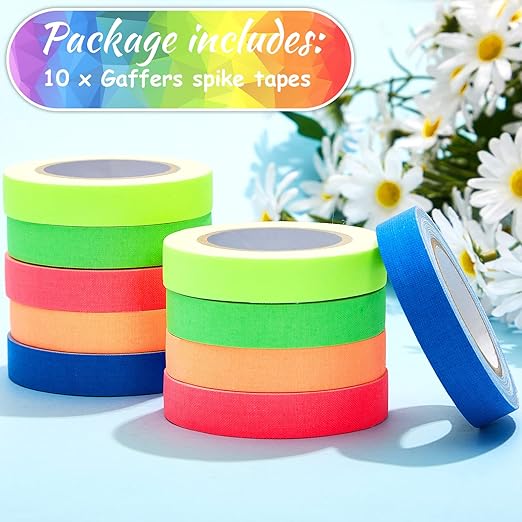 Gersoniel 10 Pcs Spike Tape Multicolor Bright Multi Colors UV Reflective Tape Quality Fluorescent for Party Stage Color Coding Art Crafts, 5 Bright Colors, 18.04 ft (0.5 Inch)