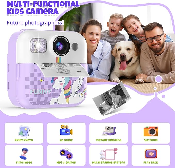 Kids Toddler Camera Instant Print Toys,1080P Children Printable Camera,Christmas Birthday Gifts for Girls Boys Age 3-10 with 3 Roller Photo Paper