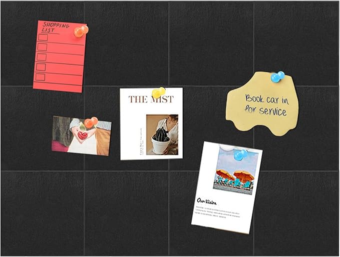 Bulletin Board 48 x 36, Black Cork Board Alternative for Office, 12 Count Felt Wall Tiles with Removable Adhesive Tabs, Square Pin Board Tack Board with 30 Pushpins(Black)