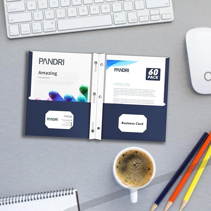 Two Pocket Folders, PANDRI 60 Pack Two Pocket Folders with Prongs, 3 Prong Folders Designed for Office and Classroom, Letter Size Darkblue