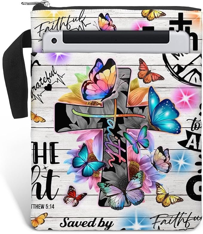 84hoods Book Sleeve With Zipper and Front Pocket. Christian Faith God Religious Gift. Bible Cover, Washable 11 X 8.5 Inch Padded. Gift for Book Lovers. Flowers and Butterflies.