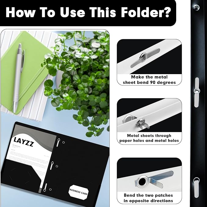 Plastic 2 Pocket Folders with Prongs, 30 Pack, Heavyweight, Letter Size Poly Folders with 3 Metal Prongs Fastener Clips (Black)