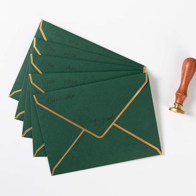50 Pack A7 Envelopes Dark Green 5 x 7 Self-Adhesive V Flap Envelopes with Gold Border for Office, Greeting Card, Wedding, Graduation, Baby Shower, Parties, Invitations (Dark Green, 5x7)
