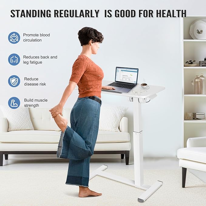 Mobile Standing Desk Adjustable Height, Sit Stand Foldable Desk with Wheels, 90° Tiltable Overbed Bedside Table, Portable Rolling Laptop Desk for Home, Office, School (White)