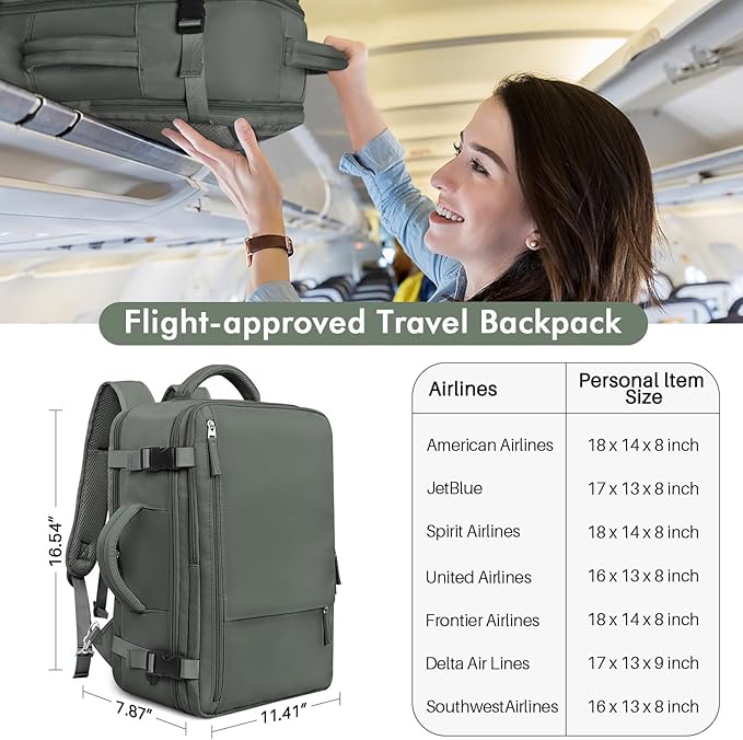 Travel Backpack For Women Men Flight Approved, Carry-on Backpack Bag Luggage, Personal Item Backpack Bag, Laptop Backpack Casual Daypack, Travel Essentials Must Haves, Olive-green