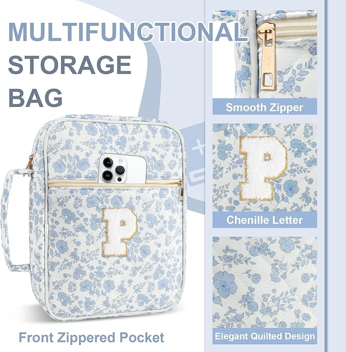 Personalized Initial Bible Cover Case for Women Girls Kid - Large Quilted Bible Case with Handle, Stylish Chenille Letter Bag Study Supplies, Perfect Christmas Gifts for Christians (Blue Flower-P)