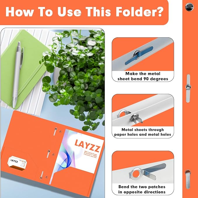 Plastic 2 Pocket Folders with Prongs, 30 Pack, Heavyweight, Letter Size Poly Folders with 3 Metal Prongs Fastener Clips (Orange)