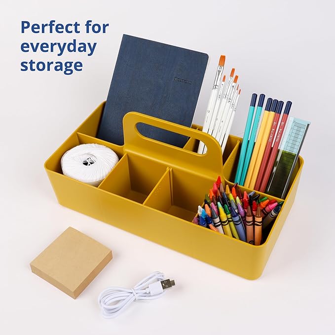 BLUE GINKGO Stackable Organizer Caddy – Korean-Made Portable Tote for Bathroom, Office, Crafts, or School Supplies (Long Rectangle, Yellow)