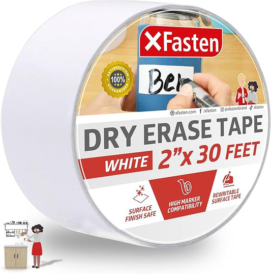 XFasten Dry Erase Tape White 2-Inch x 30-Feet Zero Smudging Ghosting-Free Whiteboard Tape, Reusable Dry Erase Labels for Storage Bins, Sentence Strips for Teachers