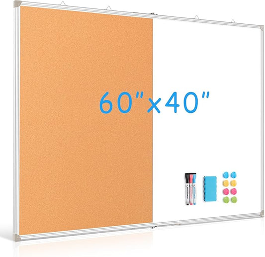 DOLLAR BOSS Foldable Cork Board White Board Combo 60 x 40 Inch Extra Large Magnetic Whiteboard Dry Erase Bulletin Board Portable Double Sided Aluminum Frame Pin Board for School Office with Markers