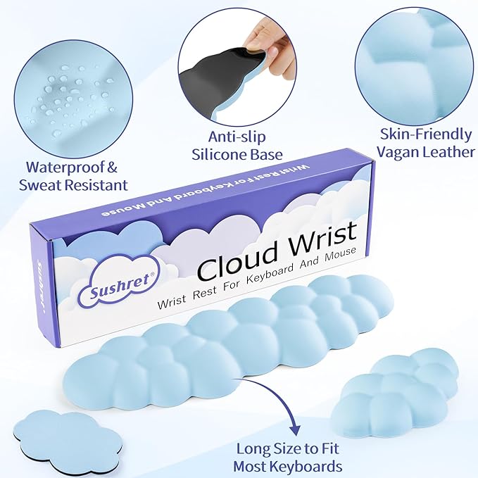 Cloud Wrist Rest Keyboard, Cloud Palm Rest Set with PU Leather Memory Foam, Cute Keyboard Rest for Wrist Support and Arm Rest, Desk Cloud Wrist Pad for PC/Gaming/Hand Cushion/Computer-Blue