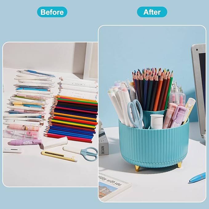 360 Degree Rotation Pen Holder, 5 Slots Office Desk Pen Organizer Multi-Functional Pencil Cup Makeup Brush Holder Office Business Card Pen Pencil Stationery Holder Storage Box Blue
