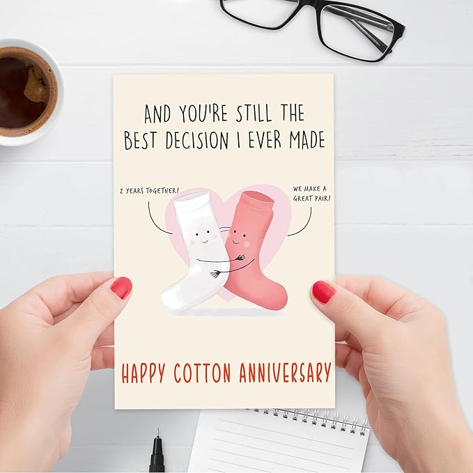 Happy 2nd for Him & Her, Funny 2nd Wedding Card for Women & Men, Cotton Anniversary Greeting Cards for Husband & Wife, Cute 2 Year Anniversary Decorations