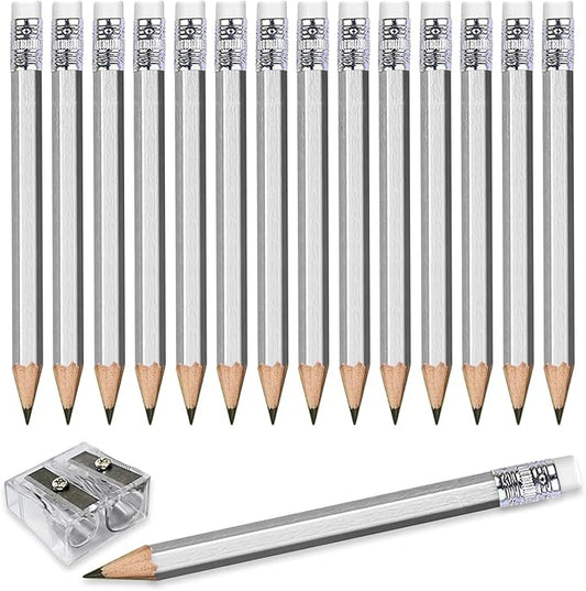 Adhere 25pcs Golf Pencils with eraser Hexagon Wooden Pencils Graphite 2B for Golf Event Scoring,Classroom,Wedding,Company Meetings,Pew, Pocket (Silver)