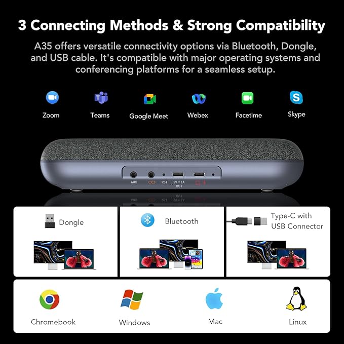 NUROUM A35 Conference Speaker and Microphone, AI-Powered Noise Cancelling, 32kHZ 13ft Voice Pickup, Daisy Chain for up to 20 People, Bluetooth/USB Speakerphone Compatible with Zoom/Teams/Google Meet