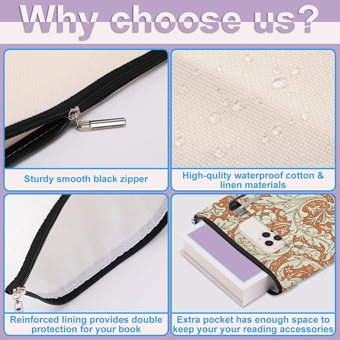 Retro Floral Book Sleeve Book Cover Classic Flower Book Protector with Zipper Christmas Birthday Book Club Gifts Book Accessories for Women Bestie Friends Librarian Girls Bookish Book Lovers Gifts