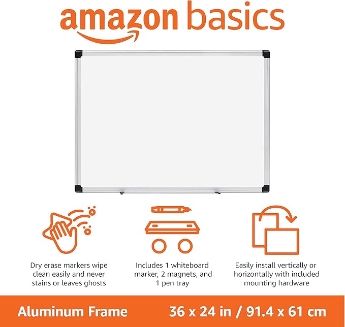 Amazon Basics Magnetic Dry Erase Whiteboard, 36"W x 24"H, Aluminum Frame, Silver/White