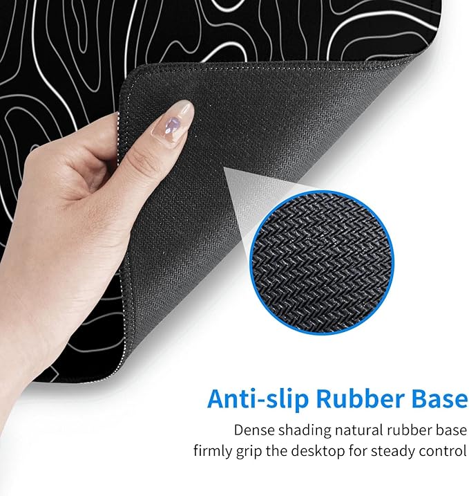 Abstract Topographic Map Black Mouse Pad Big Gaming Mouse Pad XXL Mousepad Large Keyboard Mat with Non-Slip Rubber Base Stitched Edges Mouse Mat Desk Pad for Gaming and Office