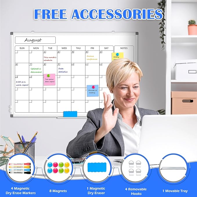 Monthly Calendar Dry Erase Whiteboard for Wall, 30" x 20" Double-Sided Large Calendar White Board, Magnetic Portable Hanging Board for Office, Home, School