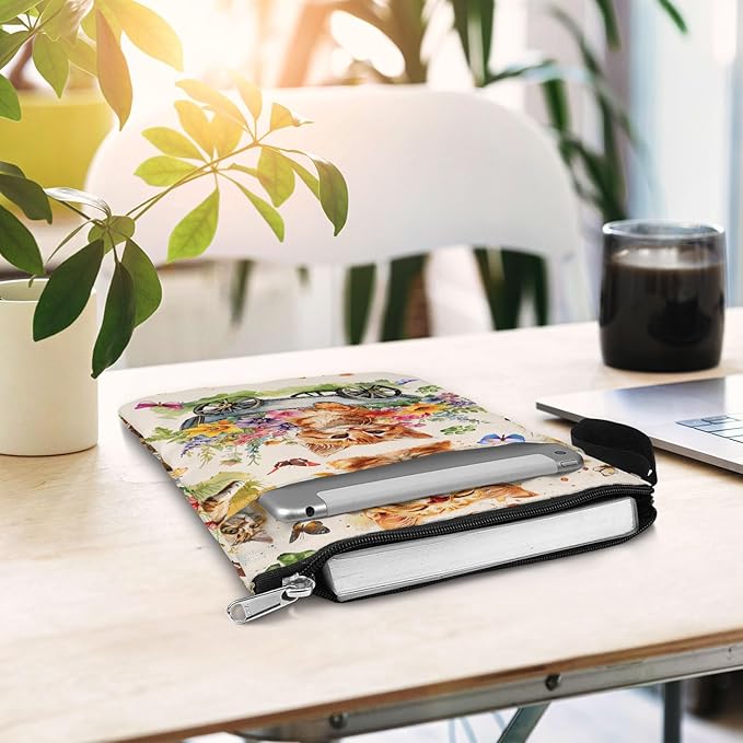 Book Sleeve Gift for Book Lovers. Cover With Zipper and Front Pocket. Washable Fabric 11 X 8.5 Inch Padded Bag. Cat Flower Garden.